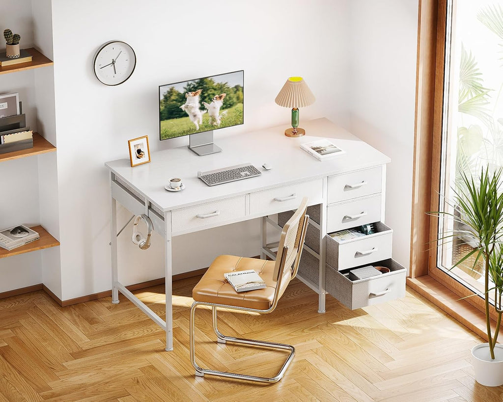 Computer Desk with 6 Drawers, 40 Inch Small Desk with Storage, Reversible Desk with Headphone Hook, Work Study Table