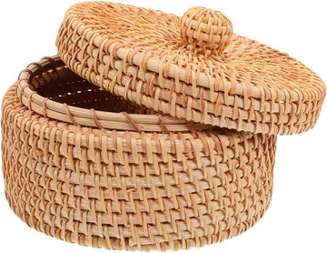 Small Rattan Basket with Lid Round Woven Desktop Storage Box for Makeup Jewelry and Sundries Compact Organizer