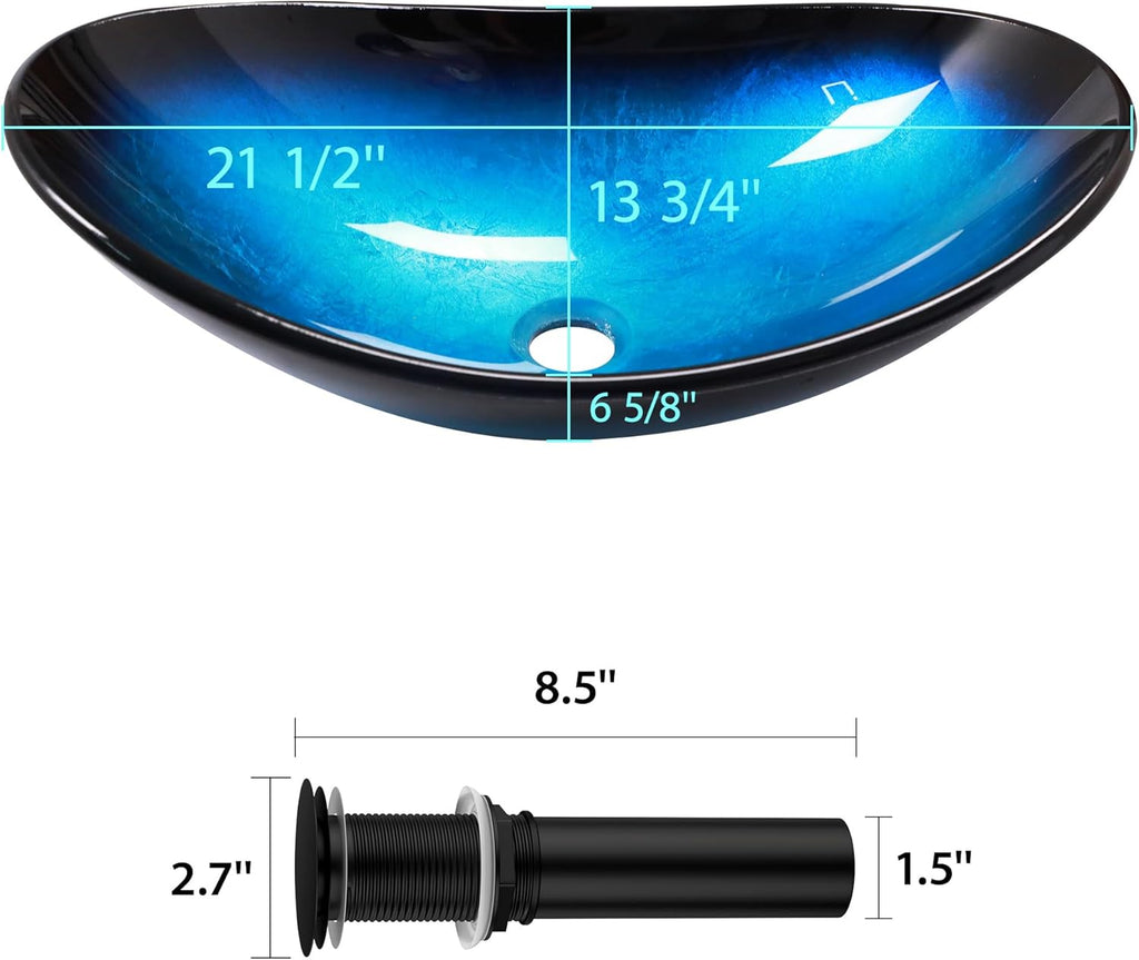 21" Glass Bathroom Vessel Sink with Pop up Drain Set,Countertop Oval Bowl Tempered Glass Art Basin,Shallow