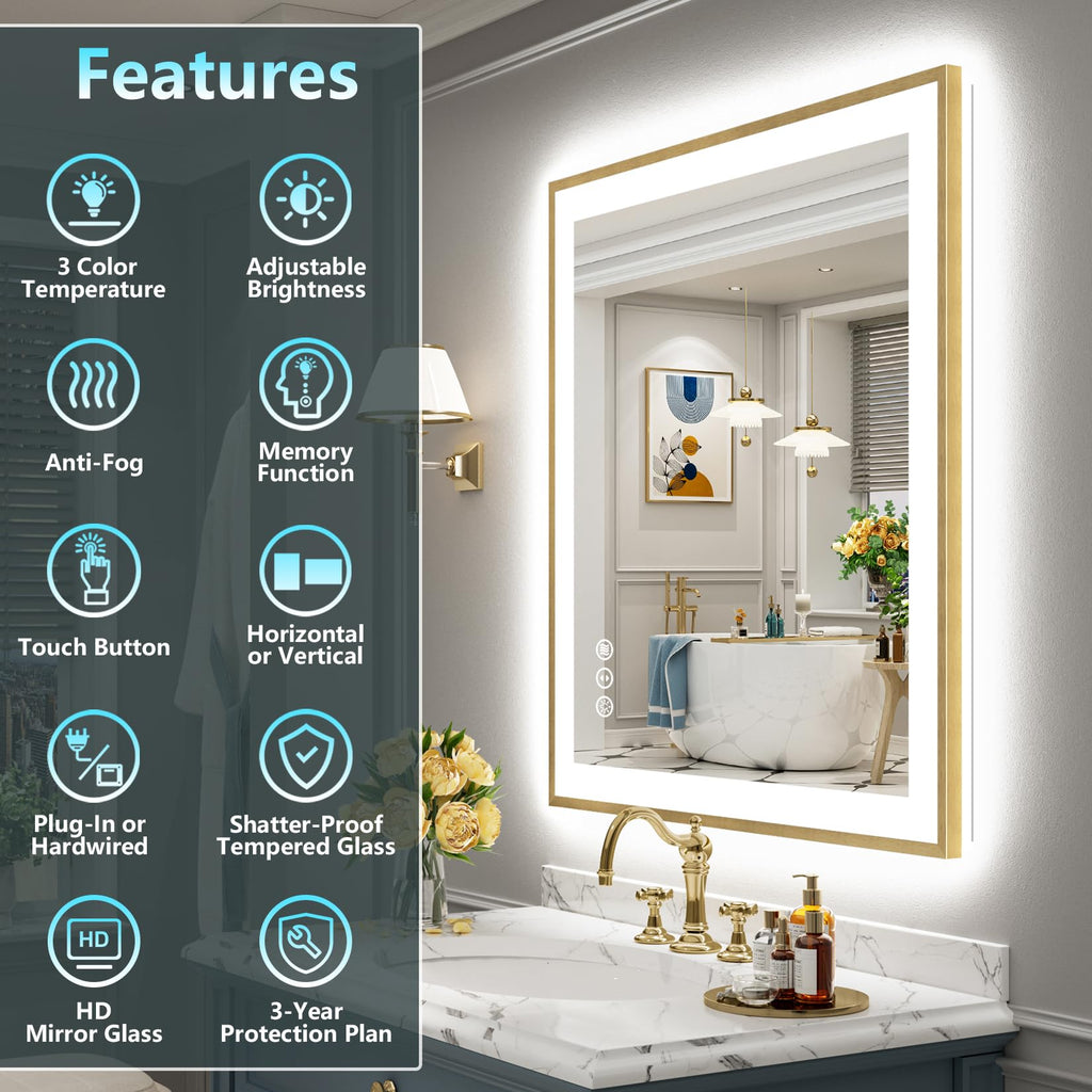 28x32 Gold LED Bathroom Mirror with Lights, Lighted Vanity Mirror