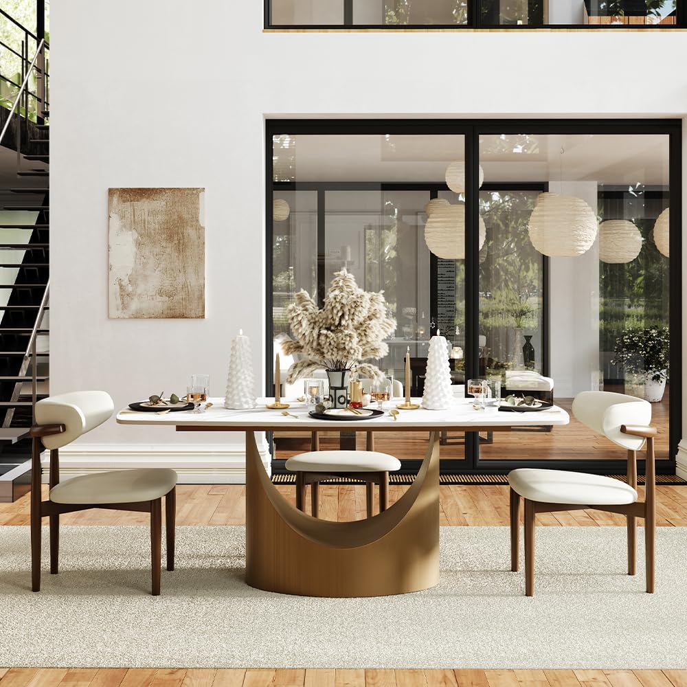 71" Hobart Modern Dining Table for 6-8, Matte White Dining Table Sintered Stone Dining Tabletop with Bronze Carbon