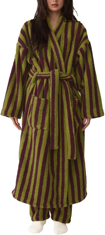 Women's Fuzzy Fleece Long Robe Striped Plush Kimono Warm Thick Fluffy Oversized V Neck Loungewear Maxi Bathrobe