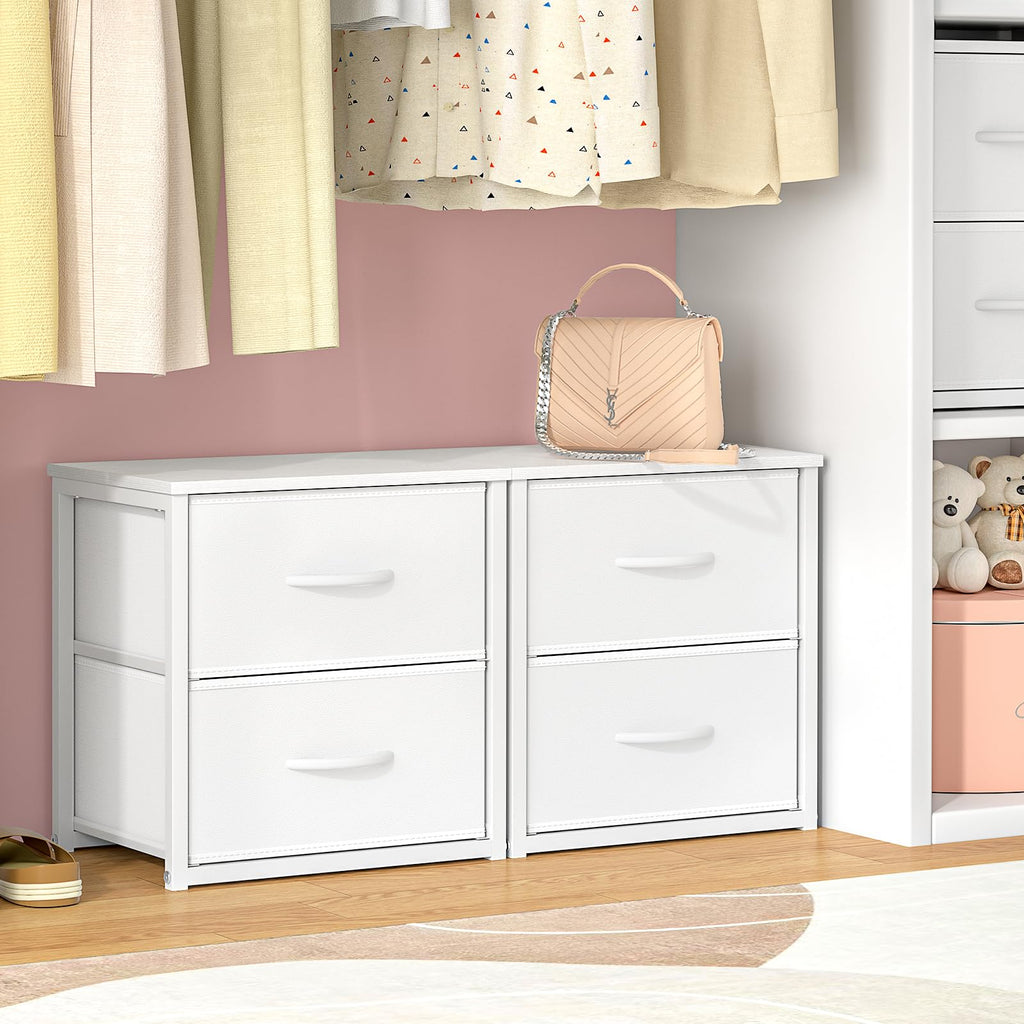 2-Pack Stackable Storage Drawers (4 Drawers Total), White Closet Organizer with Wooden Top & Metal Frame