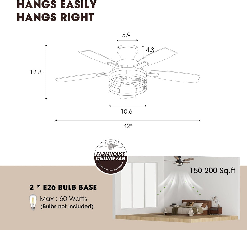 42 Inch Flush Mount Ceiling Fans with Lights and Remote Control, Farmhouse Ceiling Fan with LED Lighting