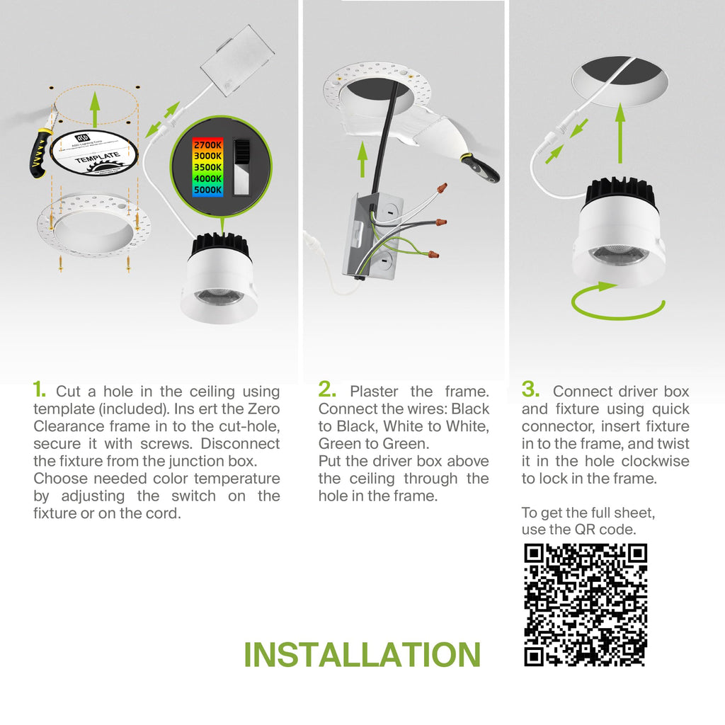 1 Inch Trimless LED Recessed Ceiling Light Fixture, Mud-in Canless Downlight with Junction Box, 5CCT Selectable