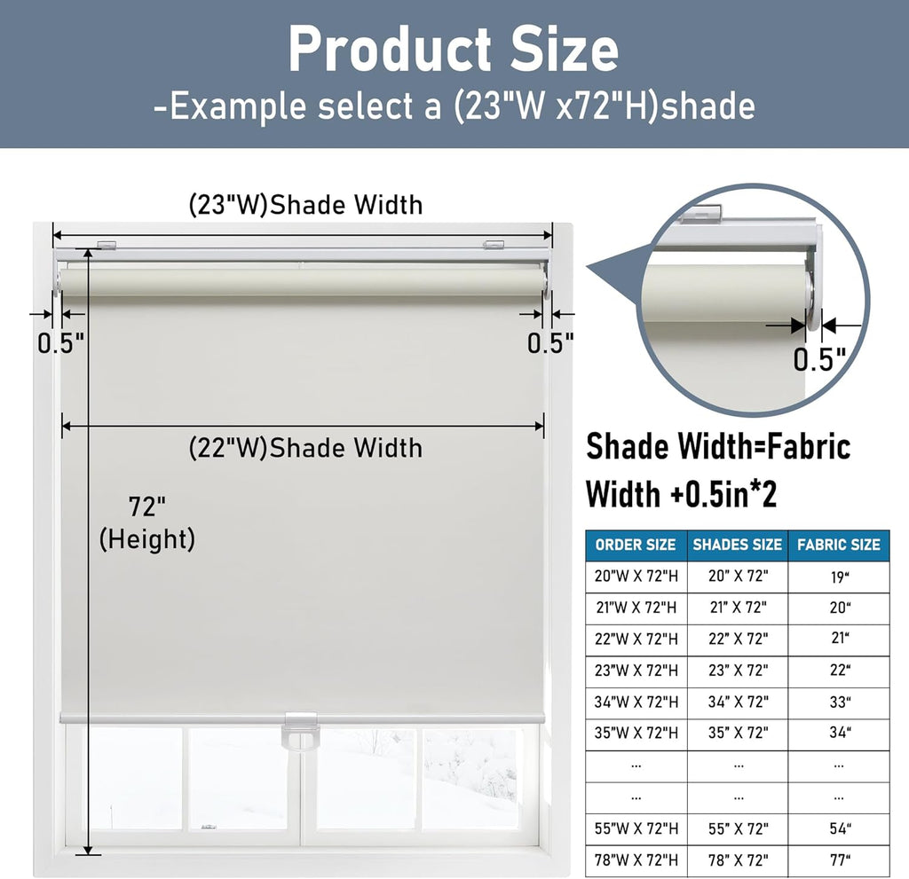 Blackout Cordless Roller Shade Windows, 22"W x 72"H, Ivory