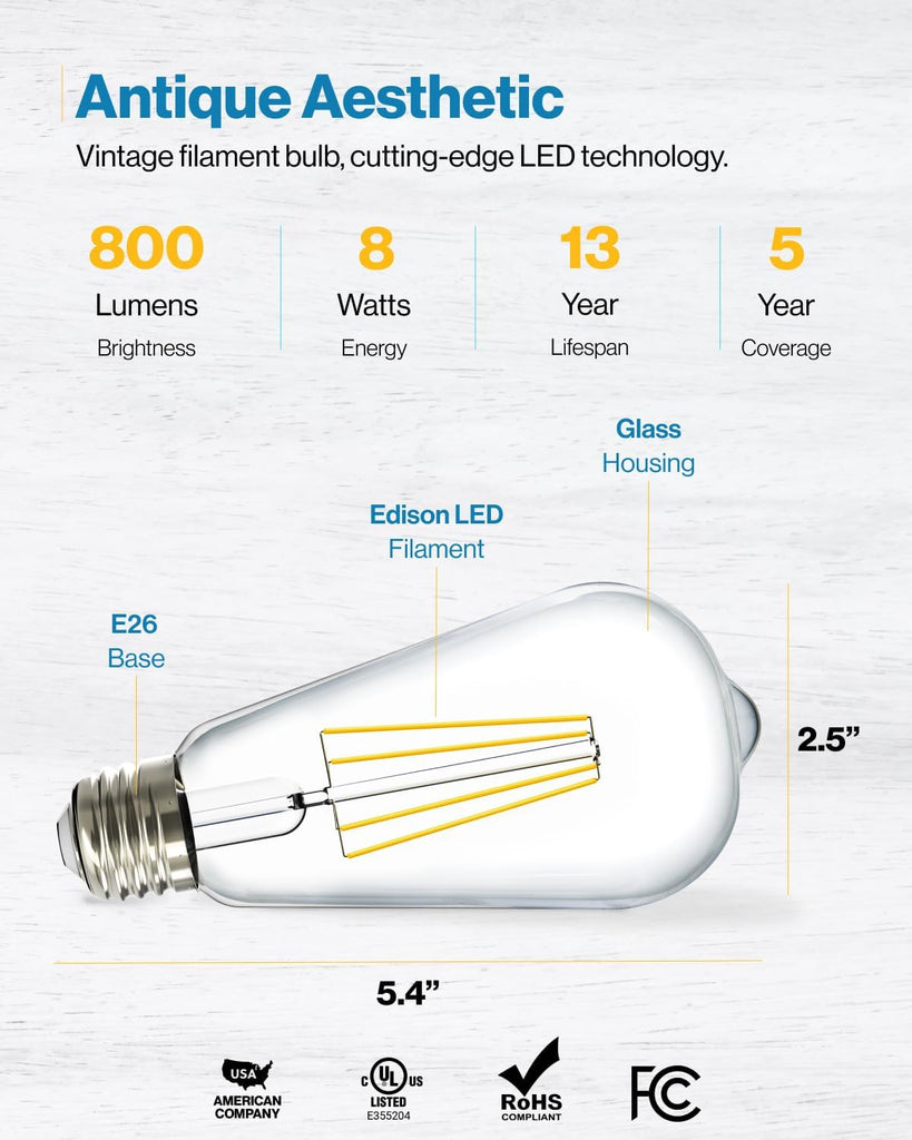 16 Pack Edison Bulbs LED ST64, Clear Vintage Filament Waterproof Bulb, 800 LM, 8W (60W Equivalent), ST19, 3000K Warm