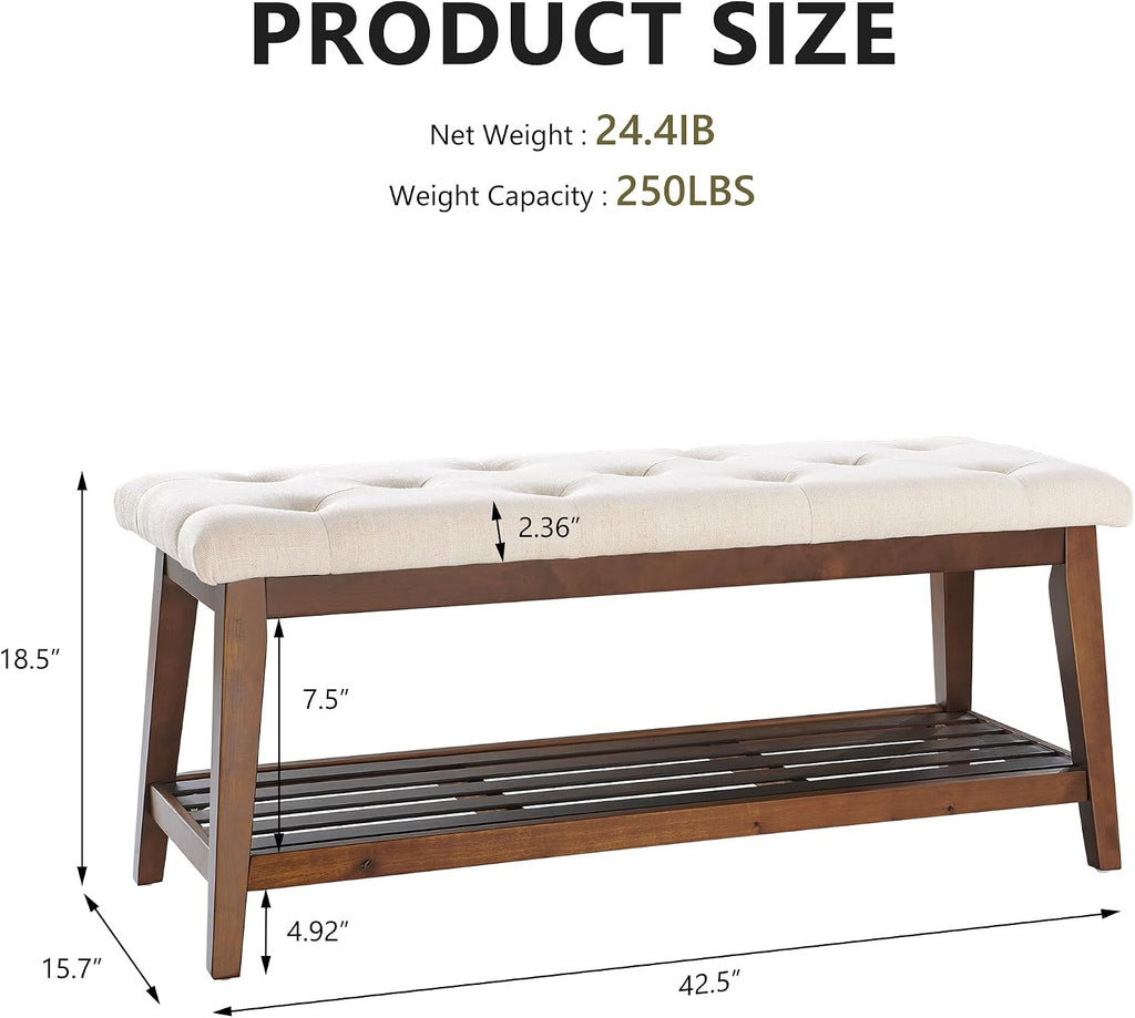 Kinkinmars Entryway Bench with Shoe Rack, 42.5" Bedroom Bench, Beige | 42.5-inch upholstered bench with built-in shoe