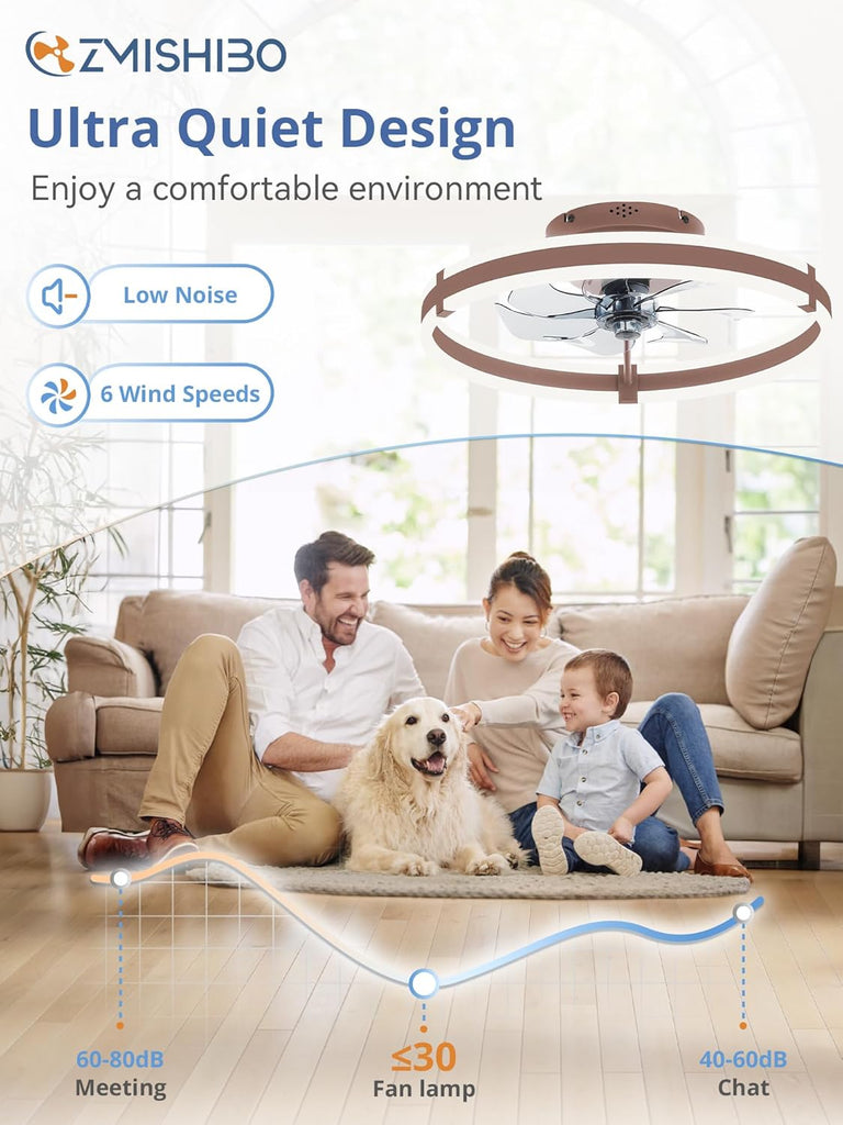 Ceiling Fans with Lights and Remote, 19.7'' Low Profile Ceiling Fan, 3000-6000K Dimmable Modern Flush Mount LED Fan Light, 6 Wind Speeds, Brown Fandelier Ceiling Fans for Bedroom