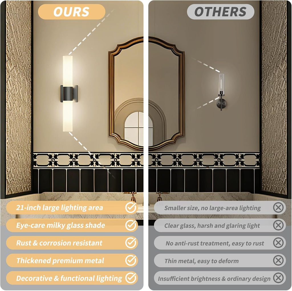 Wall Sconces Set of Two, Modern 21" Vanity, Frosted Glass, Black | Indoor Wall Light Fixture. , Mirror, Bedroom