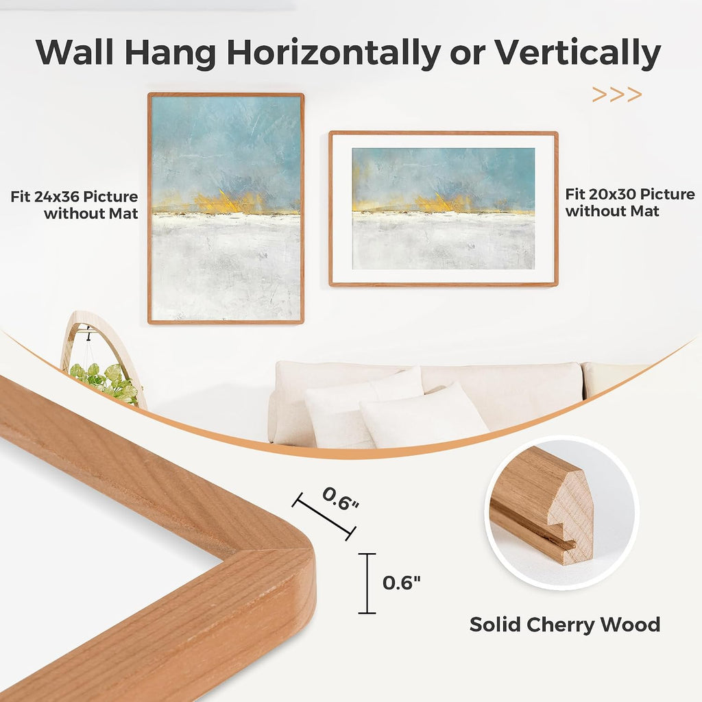 24x36 Poster Frame, Solid Cherry Wood 24 x 36 Frame, Rounded Corner 24 x 36 Large Picture Frame HD Tempered Glass