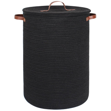 Black Basket with Lid, 15" x 20" Tall Woven Cotton Rope Laundry Hamper with Zipper, Modern Round Laundry Basket for
