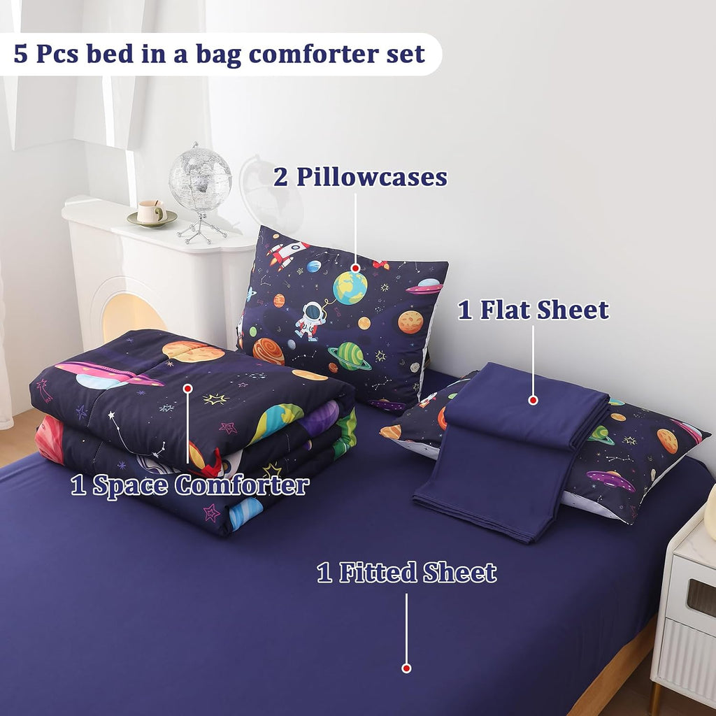 Space Twin Bedding Set 5 Piece Bed in a Bag Boys Comforter Set
