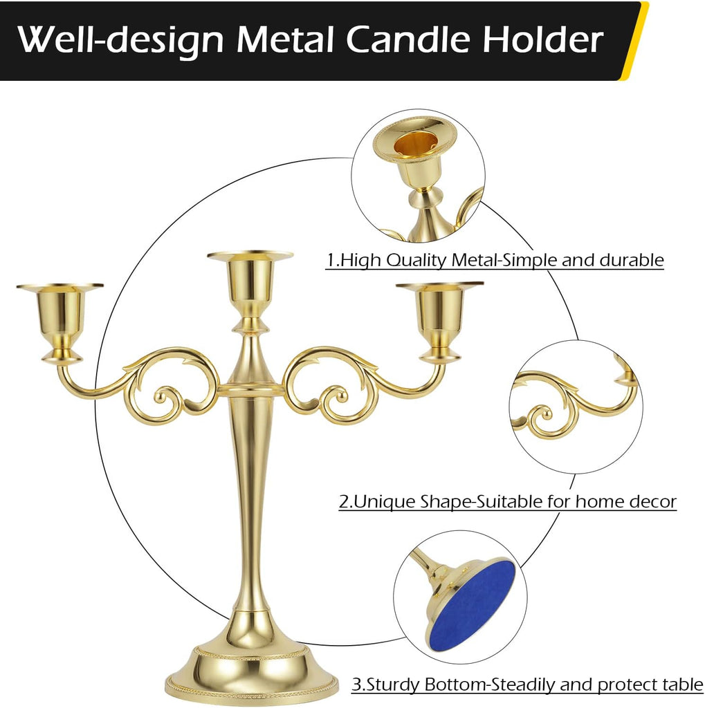 Gold Candelabra Centerpiece 3-Arms Candelabra Candle Holder for Tables, 2 Packs Metal Candlestick Stand Candelabras