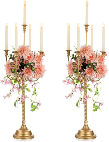 Candle Holders for Table Centerpiece: 2 Pcs 37 inch Tall 5 Arm Gold Candelabra Floor Standing Candlestick Holder for