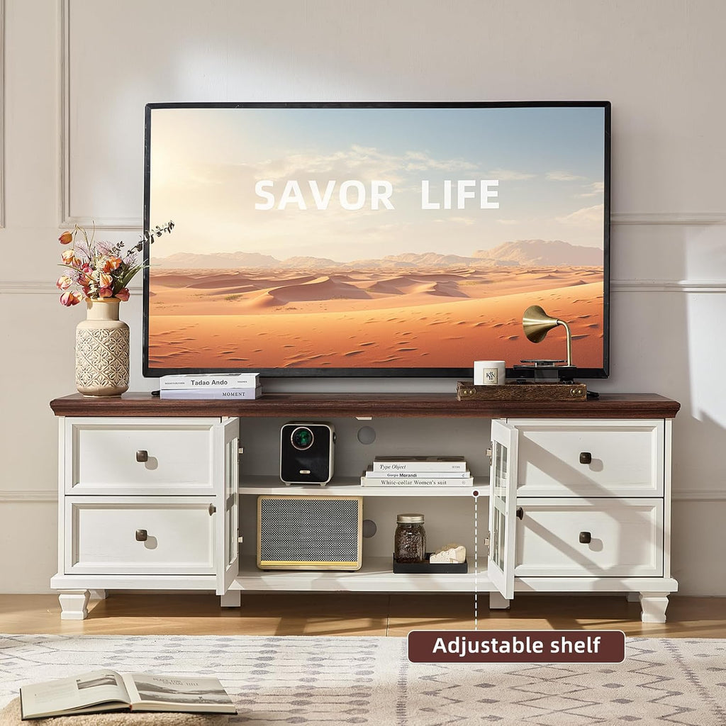 TV Stands for Living Room, Farmhouse Entertainment Center, Rustic Wood TV Stand with Drawers for 75 Inch TV, White