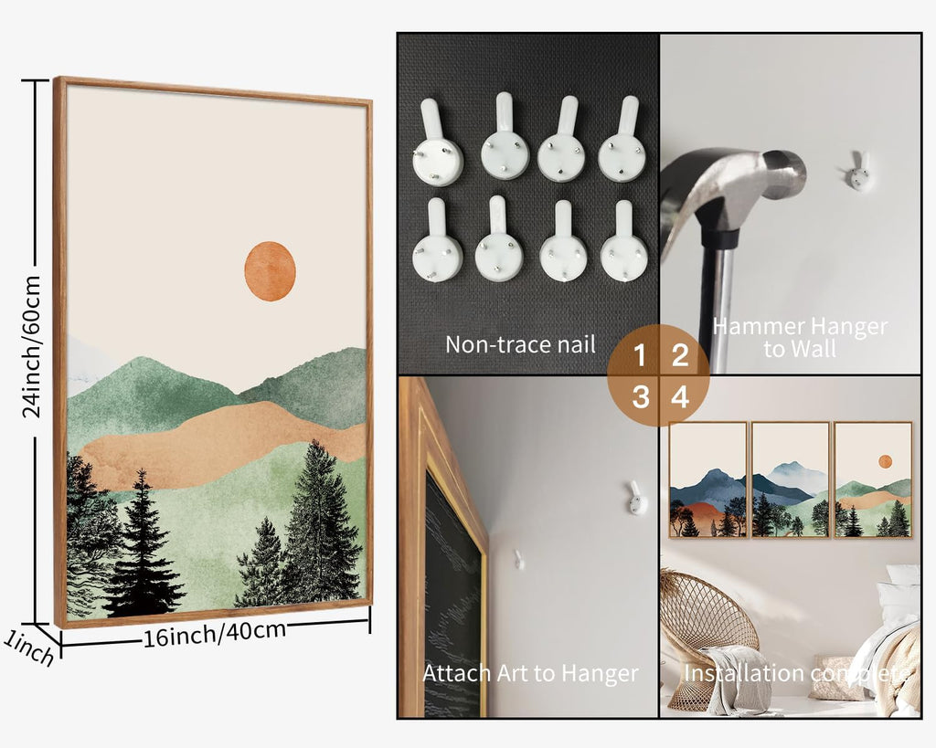 Boho Mountain Framed Canvas Wall Art Set of 3, Watercolor Nature Landscape Art Prints, Modern Sunrise Art Paintings