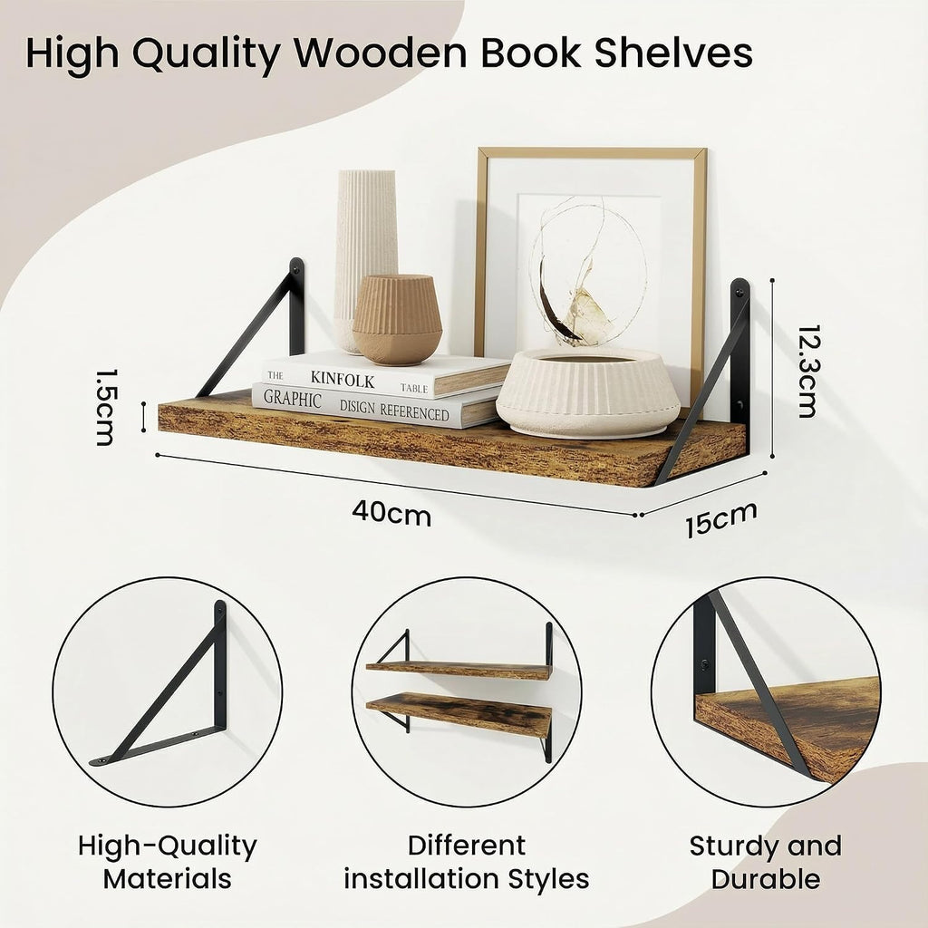 Book Shelf Set of 3, 16 inch Wall Shelves, Vintage Brown Shelves | Wall Mounted Bookshelf with Metal Brackets