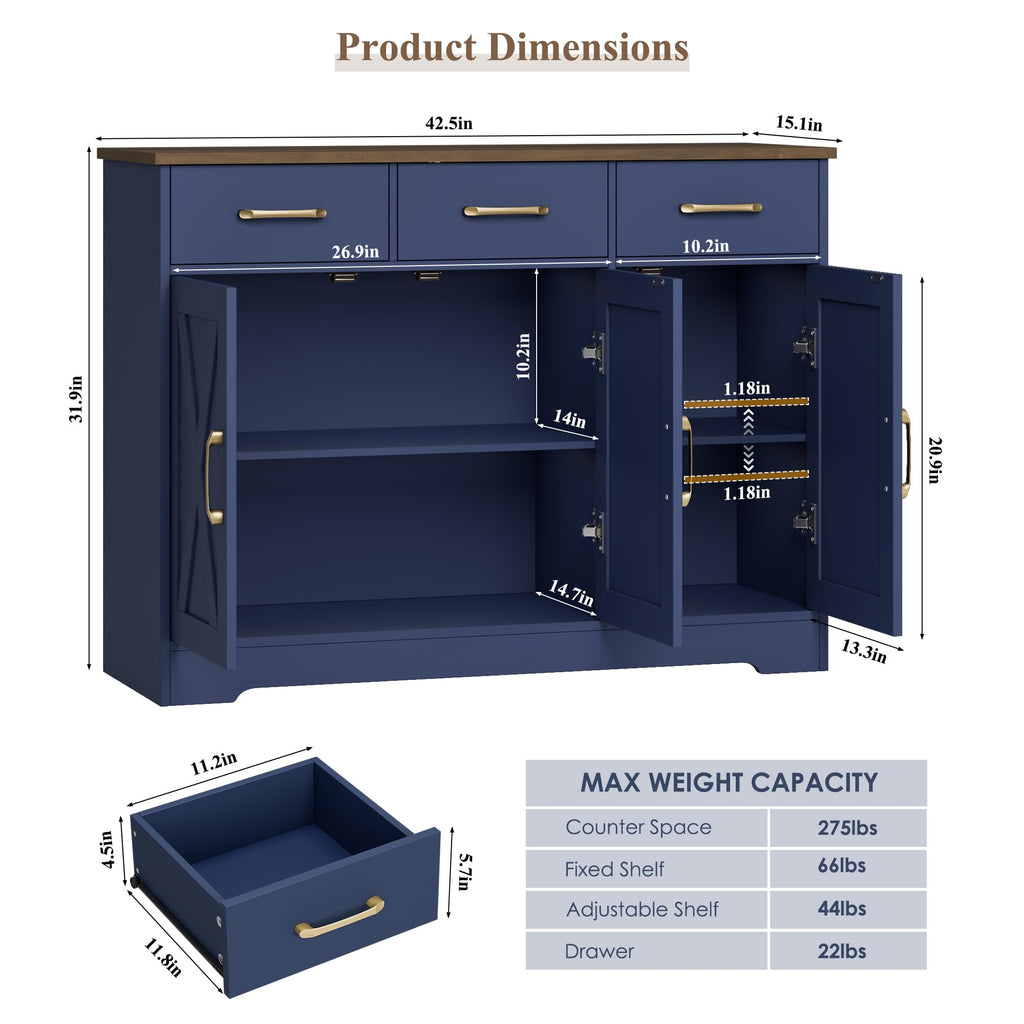 Kitchen Buffet Cabinet with Storage, Sideboard Coffee Bar, Blue