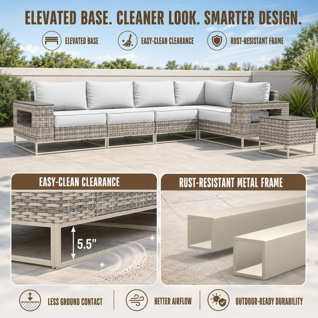 Outdoor Patio Furniture Set, PE Wicker Sectional Sofa with Thick Cushions | 6-Piece: Modular Sectional Sofa with