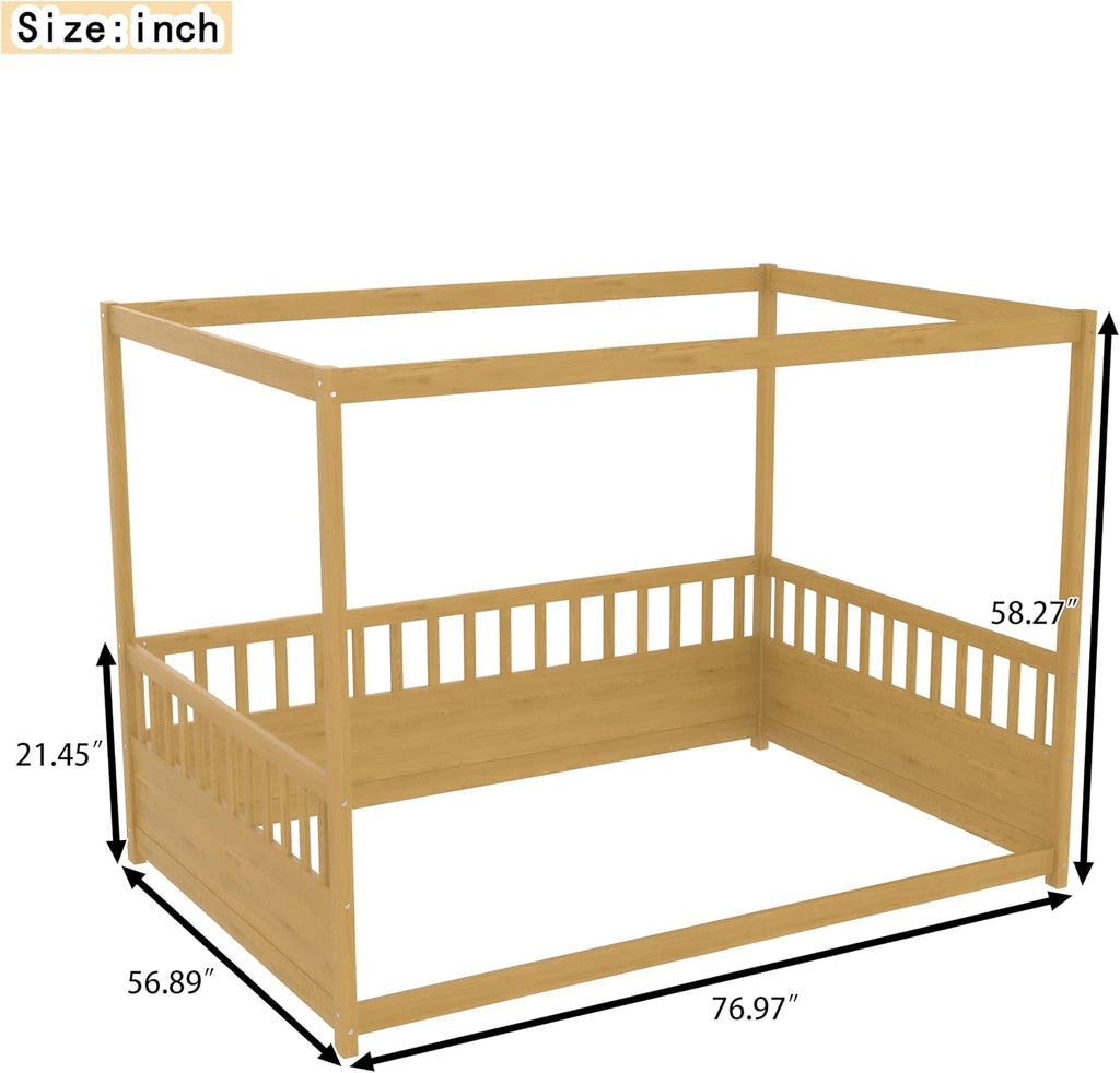 Full Canopy BedFrame, Wood Montessori House Floor Bed, Canopy Platform Bed for Kids, Natural