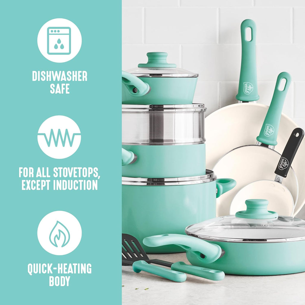 16 Piece Ceramic Nonstick Pots & Pans Cookware Set, Turquoise | PFAS-Free Ceramic Nonstick, Stockpot, Frying Pans