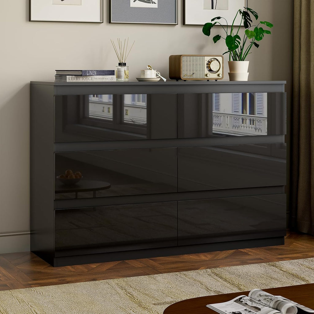 6 Drawer Dresser , 47" Wide Black Wood Chest for Storage | Multi-Functional Storage Organizer, Modern High Gloss