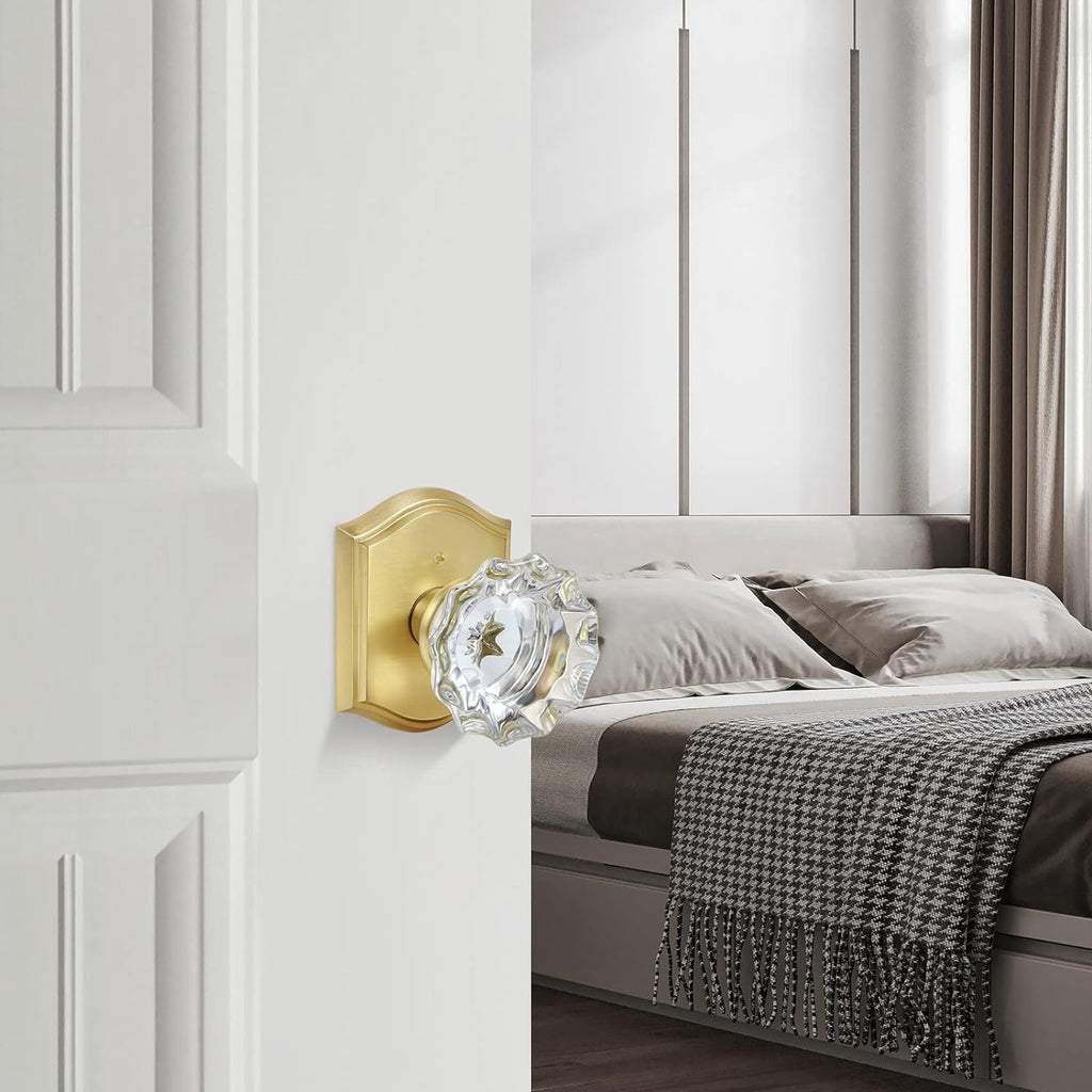 Premium Glass Door Knobs, Bathroom Bedroom Door Knobs with Lock, Privacy Gold Door Knob Interior, Satin Brass
