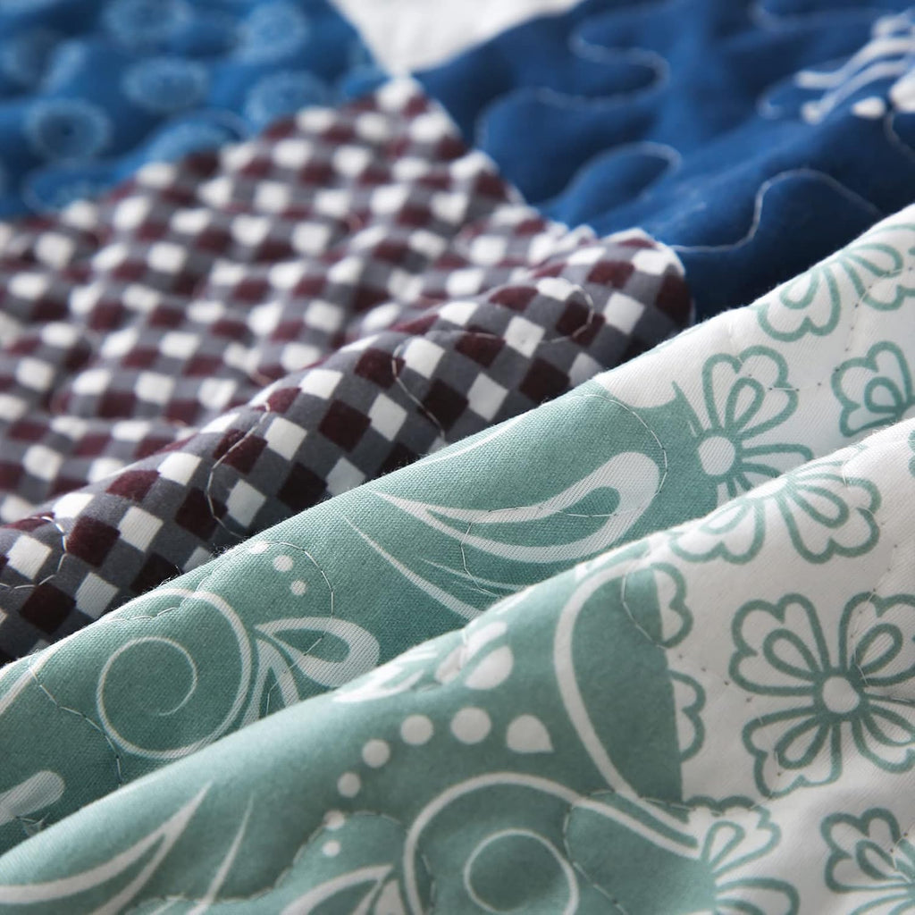 Patchwork Quilt Set King,Reversible Blue Floral Bedspreads