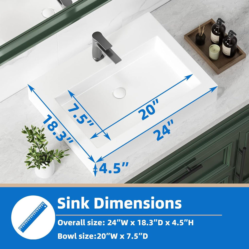 24 Inch Bathroom Sink Countertop Vessel Sink White Porcelain rectangular 24 x 18.3 Above Counter Bath Basin