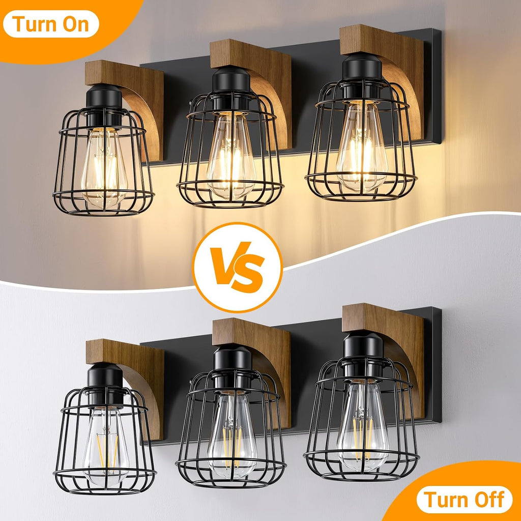 3-Light Bathroom Light Fixtures, Wood Bathroom Wall Lights, Modern Bathroom Vanity Light with Cage Metal Shade