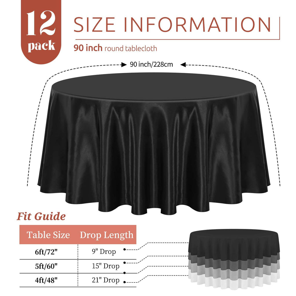 12 Pack 90 Inch Round Satin Tablecloth, Black