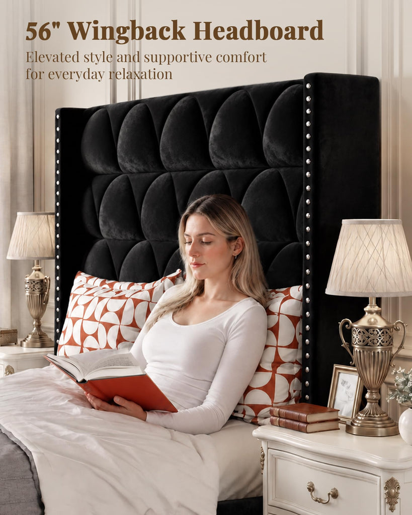 Queen Size Bed Frame with 56" Headboard - Velvet Upholstered Wingback Platform Bed Frame, Noise Free, Sturdy Wooden