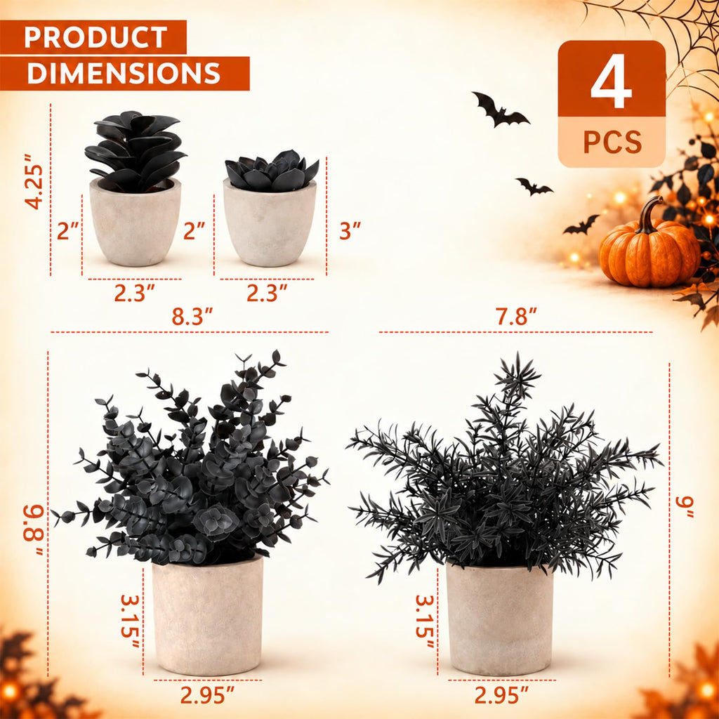 4 Packs Fake Plants Small Artificial Plants Black Eucalyptus Rosemary Succulents Potted Plants, Halloween Gothic Dark