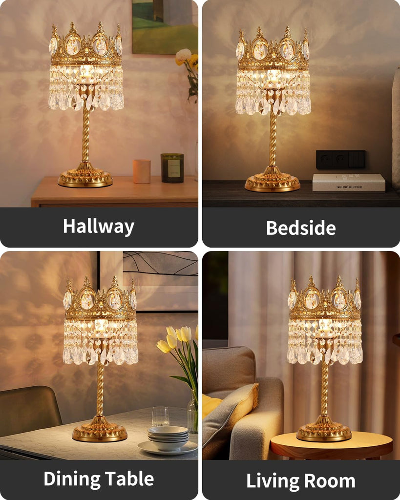 Vintage Gold Crown Shape Crystal Table Lamp, Small Bedside Nightstand Lamp