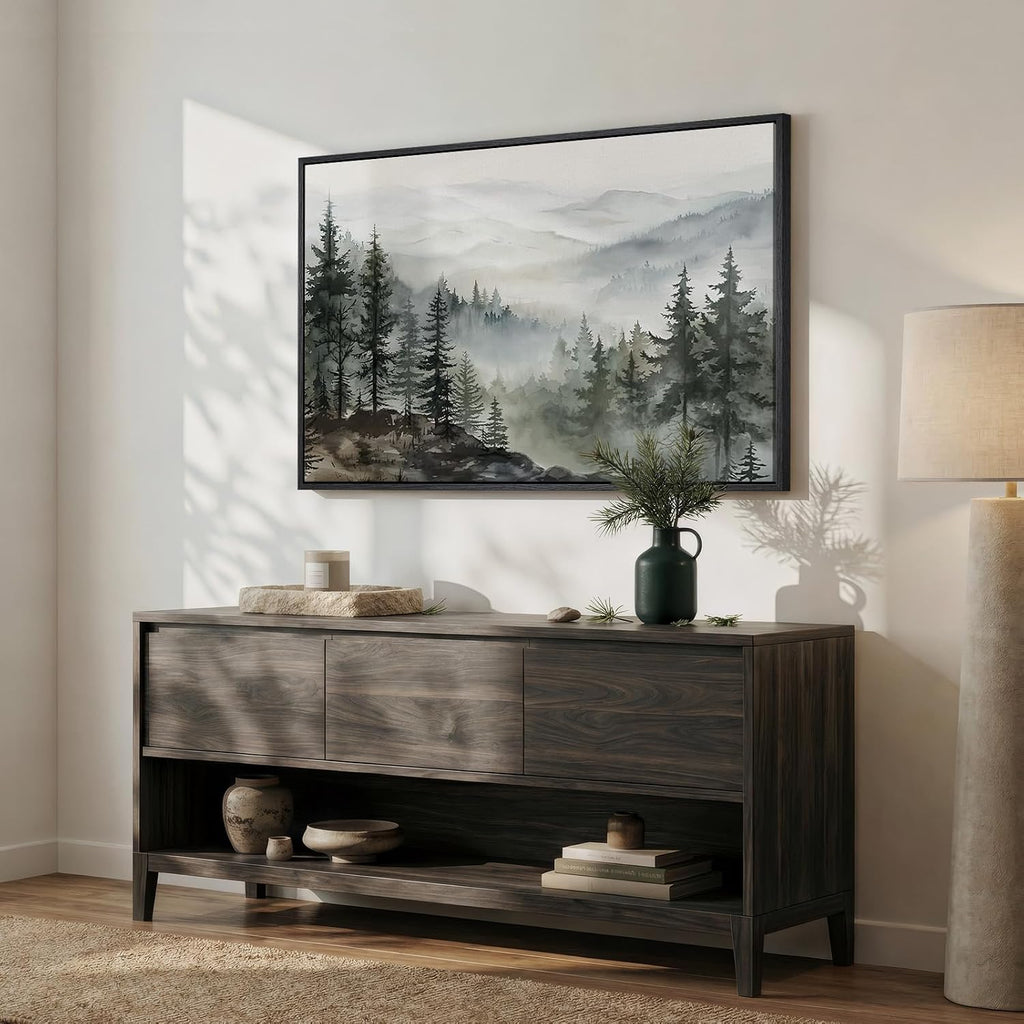 Framed Mountain Foggy Forest Landscape Wall Art, Horizontal Nature Watercolor Canvas Artwork for Walls, Misty Pine