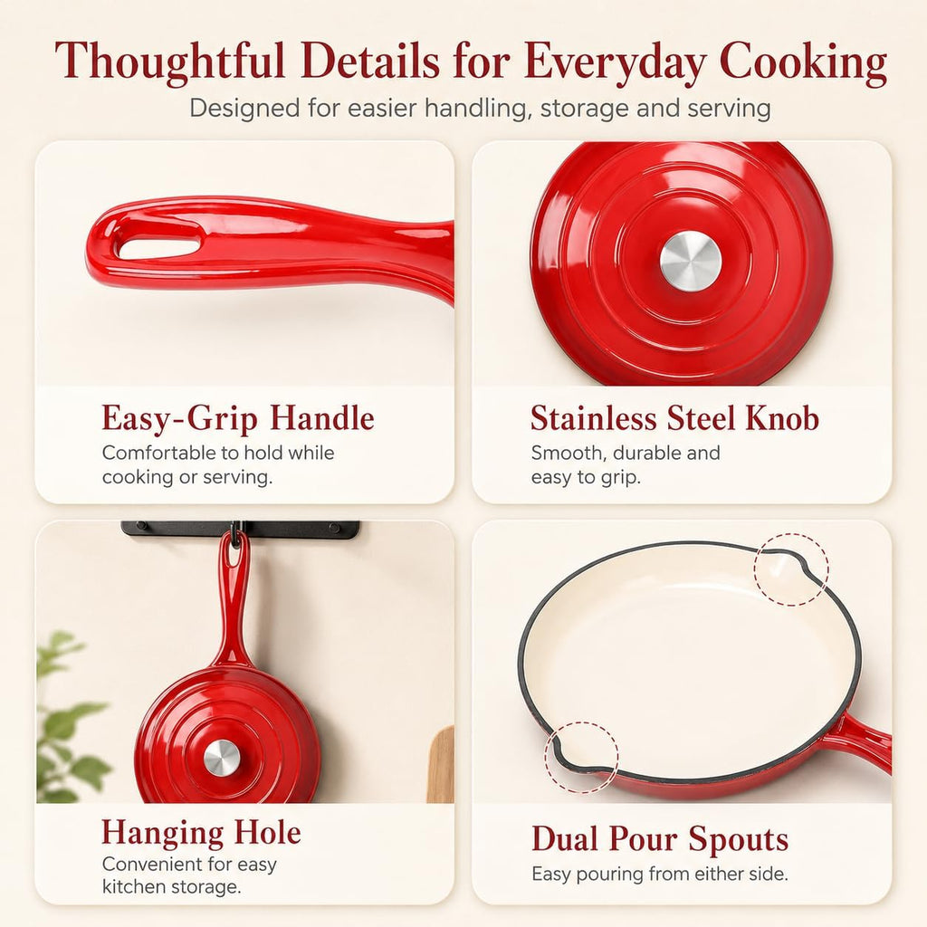 Enameled Cast Iron Cookware Set,7 Piece Dutch Ovens Set,Red | Ceramic Coated Cast Iron,Sauce Pan,Skillet,3 Lids,Pots
