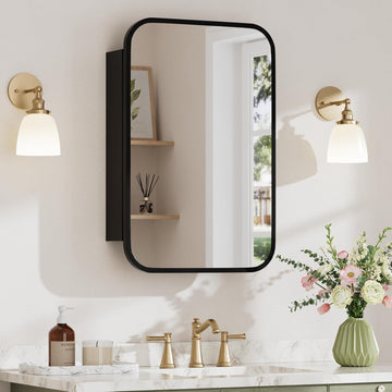 16x24 Inch Medicine Cabinet with Mirror, Rounded Corner, Black | Fully Assembled, Recessed or Surface Mount Metal