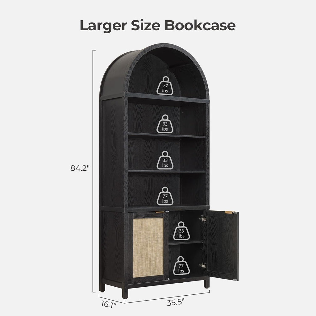 Book Shelf Arched Cabinet Bookshelf Arch 84.2" Tall Bookcase 5 Tier Large Bookshelves with Doors Storage Rattan Boho