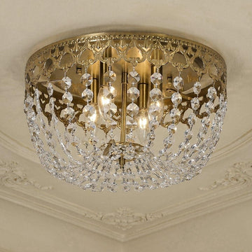 Antique French Empire Crystal Ceiling Light, 15" 4-Light Brass Gold Semi Flush Mount Chandelier