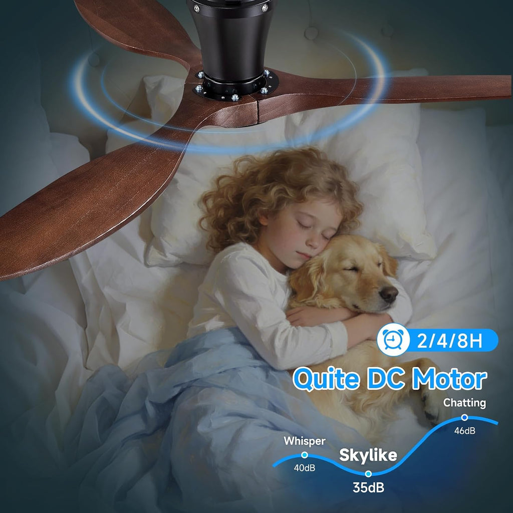 52" Wood Ceiling Fan with Lights, Flush Mount Low Profile Ceiling Fan with Remote Control, Dimmable LED
