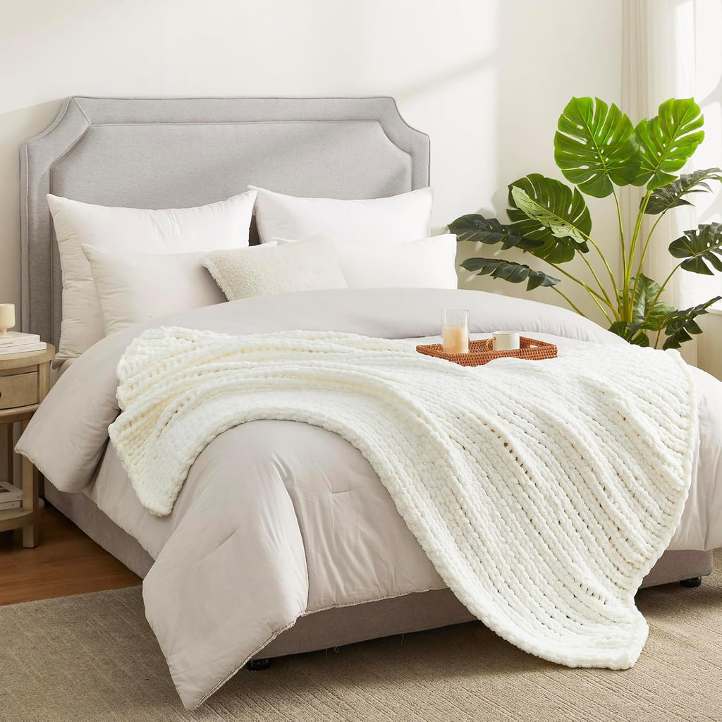 Chunky Knit Throw Blanket, Soft Chenille Handmade Crochet Throw Rope Knit Blanket, 40"x50", Ivory