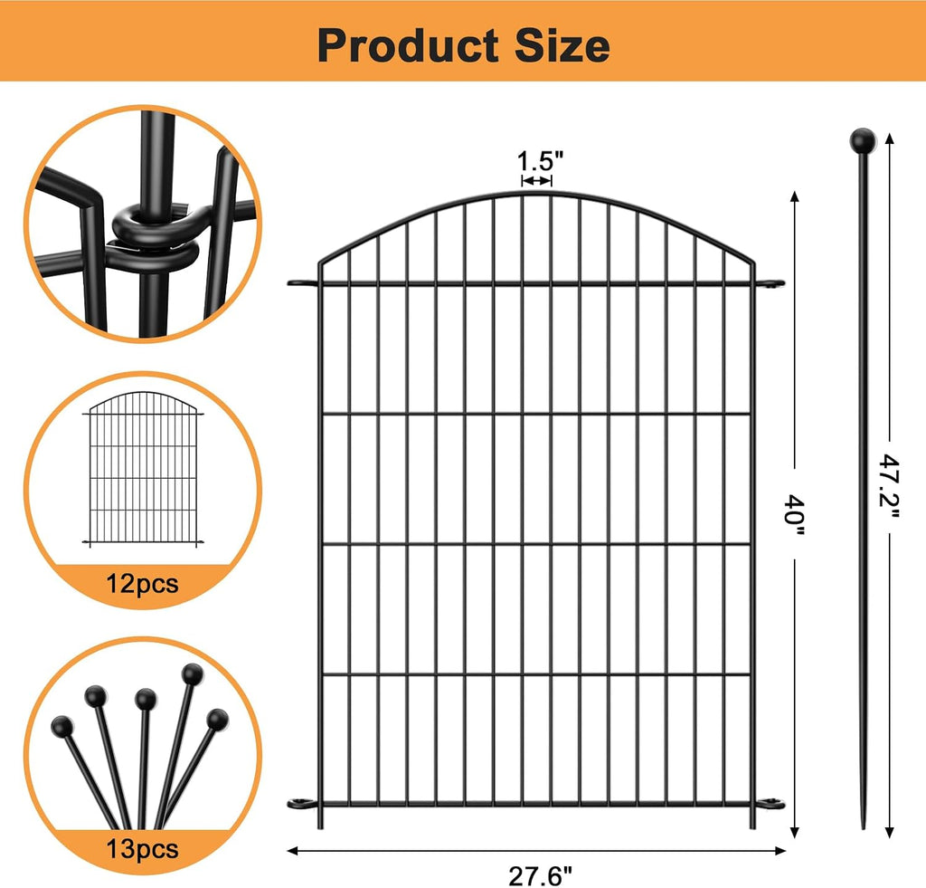 Decorative Garden Fence Animal Barrier with Gate 40 in(H)×27.6 Ft(L) 12 Panels, Dog Rabbit Fencing Arched Rustproof