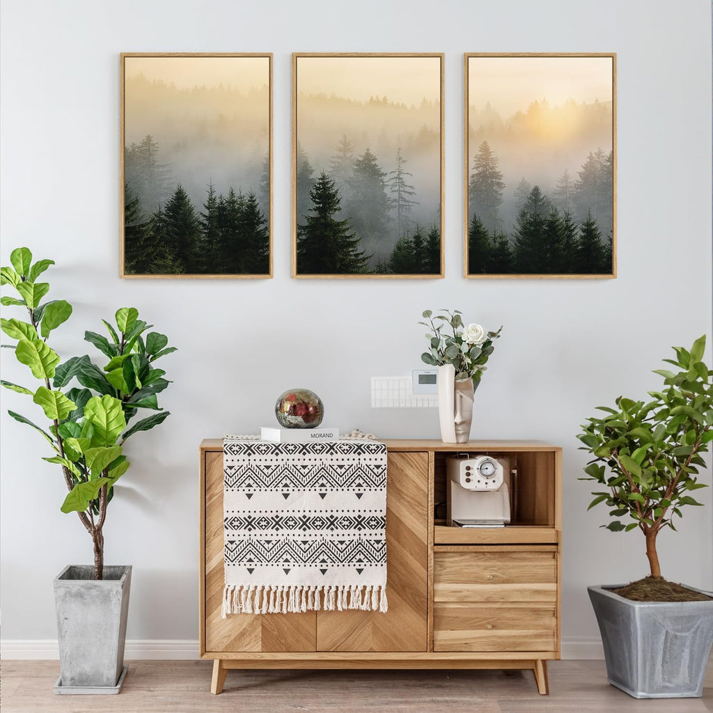 Misty Forest Wall Art Canvas Set, Framed Mountain Wall Decor, 3 Piece Nature Wall Painting, Foggy Pine Tree Landscape