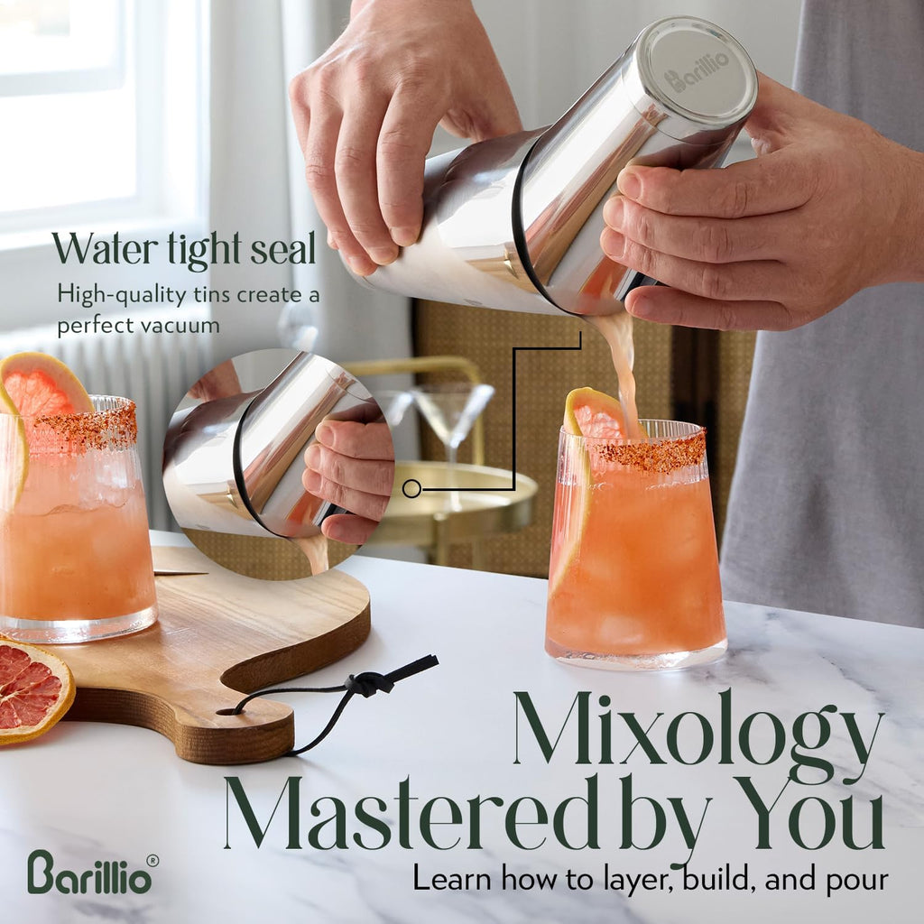 Boston Shaker Set - Stainless-Steel, Weighted, Martini Cocktail Shaker Set w/Strainer & Mixer - Mixology Bartender