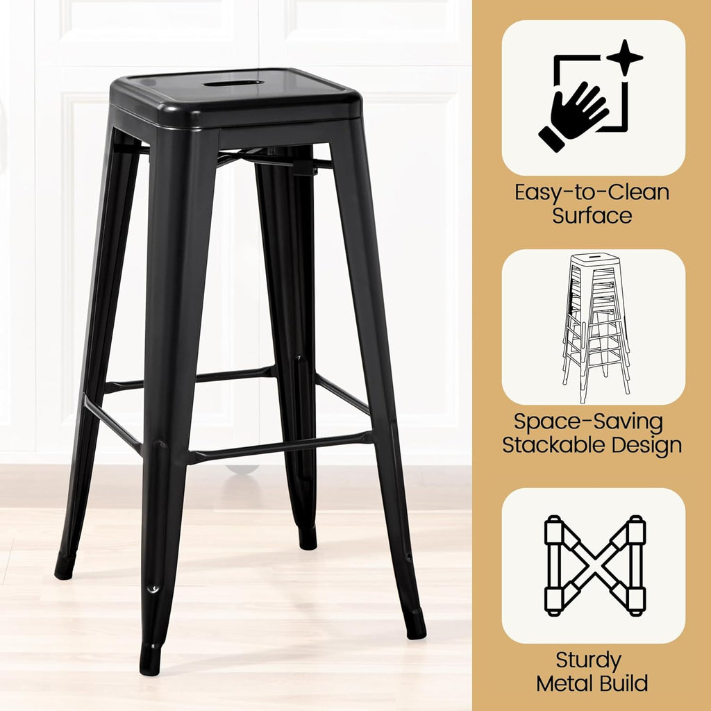 30 Inch Metal Bar Stools Set of 4, Bar Height Backless Bartools, Industrial Stackable Bar Chairs
