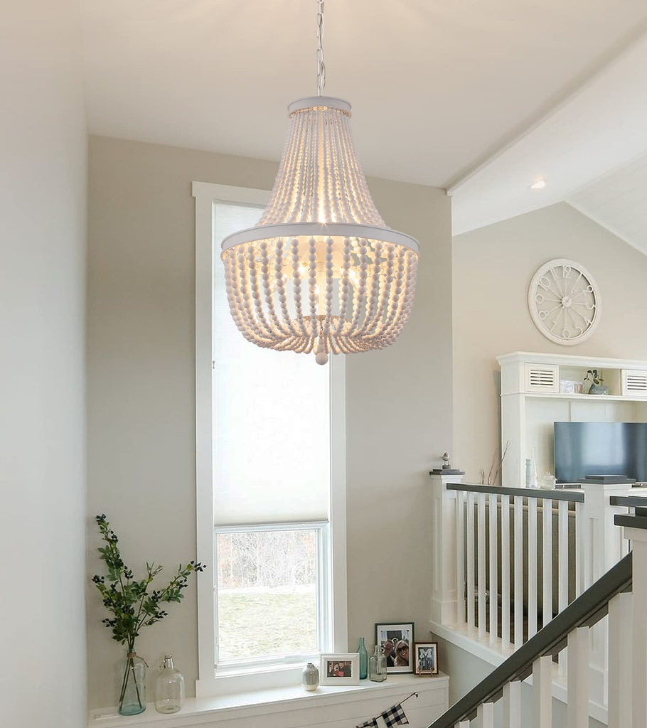 Beaded Chandelier Farmhouse White Wood Beaded Boho Light Fixture Vintage Antique 8 Lights Nursery Kitchen Foyer