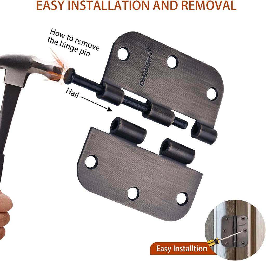 12 Pack Door Hinges, 3.5 x 3.5 Inch Oil Rubbed Bronze Hinges for Wood 5/8'' Radius Corners 3 1/2 Inch Interior Door