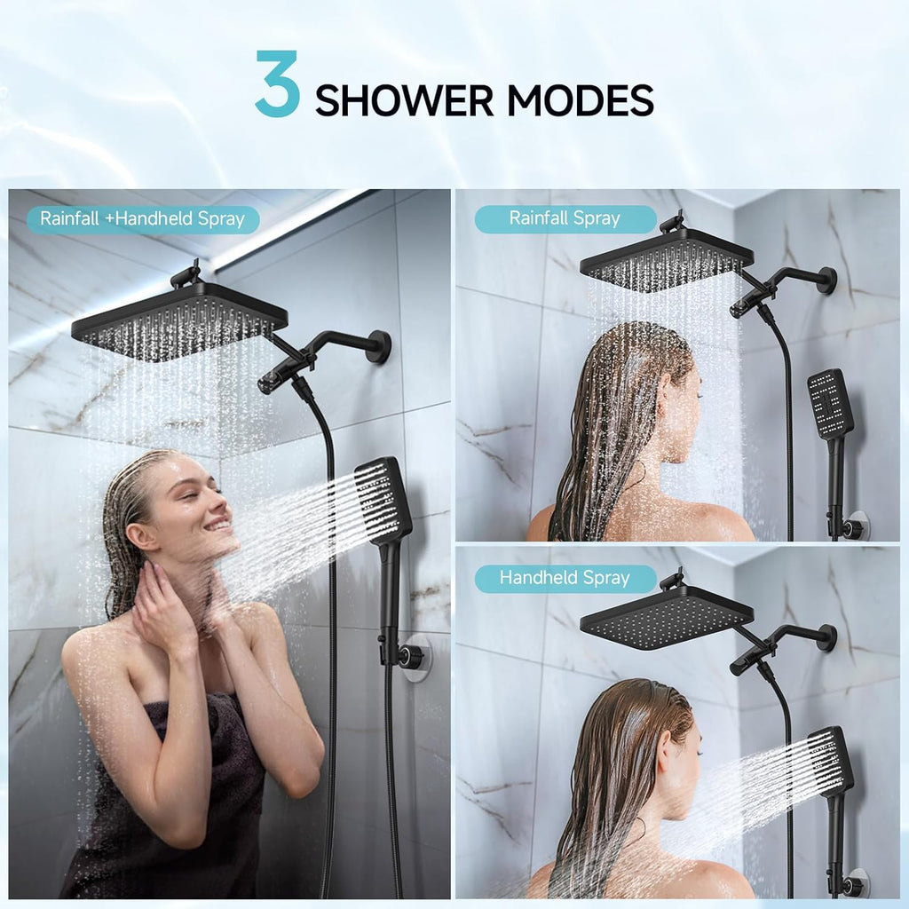 Rain Shower Head with Handheld Spray Combo Set, Adjustable 12" Rainfall Dual Shower Head, Double&Tandem Shower Head