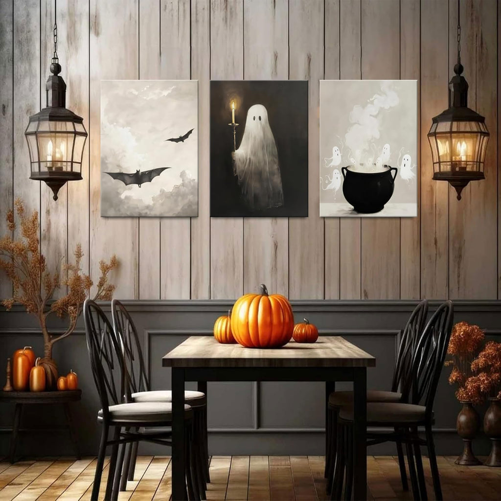 Fall Halloween Wall Art Set of 3, Vintage Halloween Ghosts Canvas Painting Wall Decor, Ghost Bat Funny Spooky Gothic